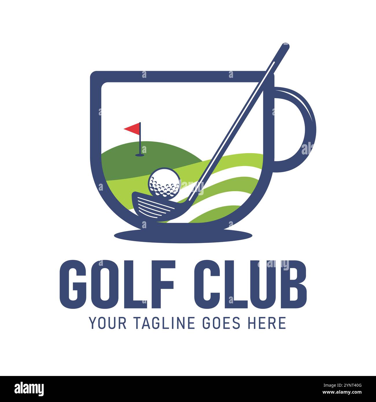 Einzigartig und kreativ mit Becher-Illustration. Golfball auf grünem Gras mit Golfklub und Red Flag Logo geeignet für Golfklub-Geschäfte, Sport-Themen ca. Stock Vektor