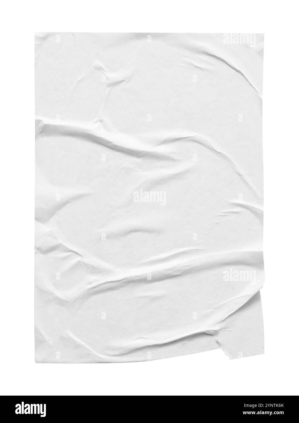 Leere weiße, zerknitterte und gefaltete Papierstruktur, isoliert auf weißem Hintergrund Stockfoto