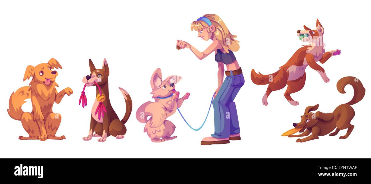 Zeichentricktiere mit unterschiedlichem Verhalten. Vektor-Illustration Set von verspielten lustigen Hunden mit jungen Frau Besitzer oder Trainer. Positive Trainings- und Freizeitaktivitäten von Haustieren. Stock Vektor