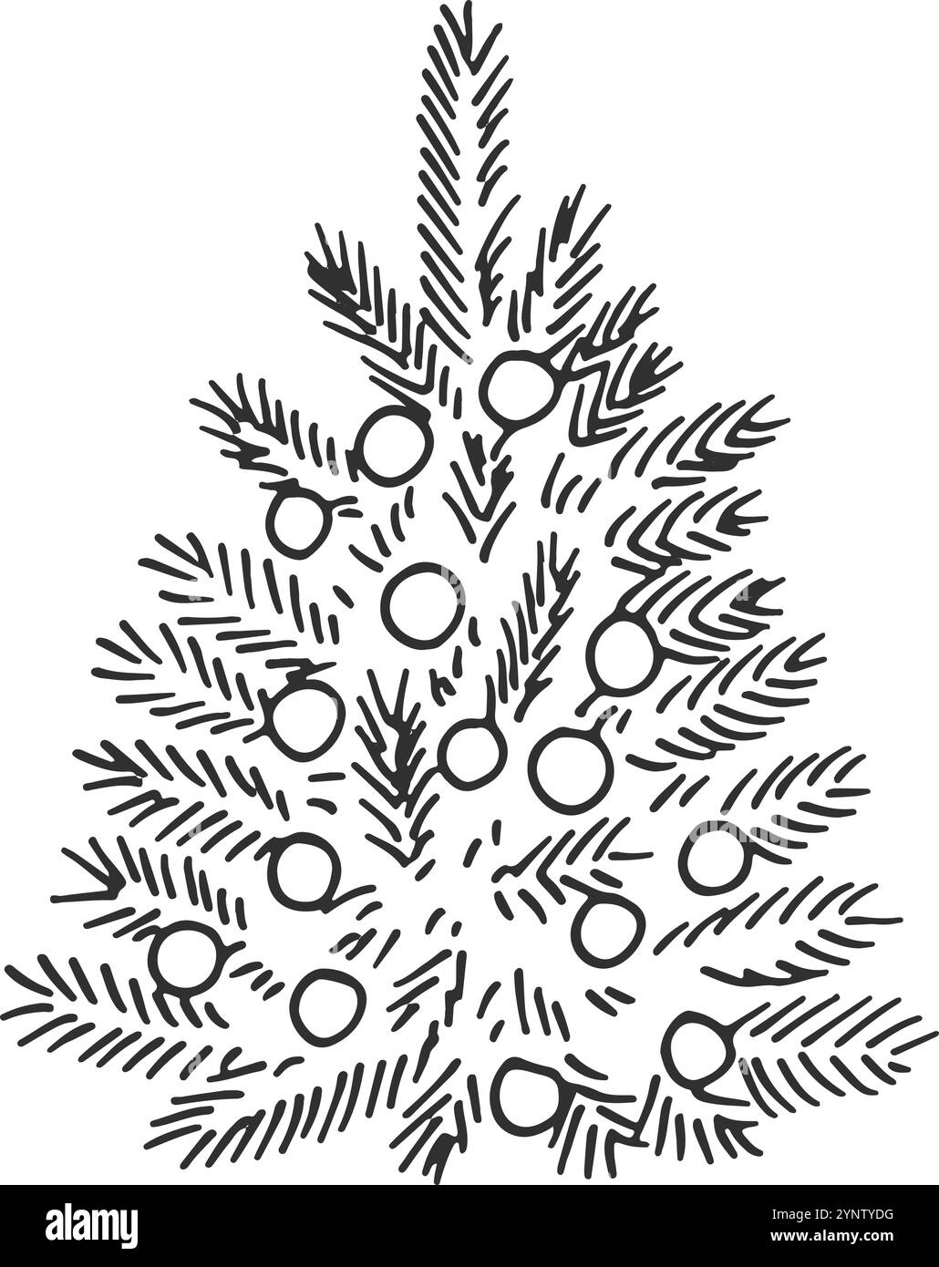 Weihnachtsbaumkritzelei. Dekorierte Weihnachtskiefernzeichnung Stock Vektor