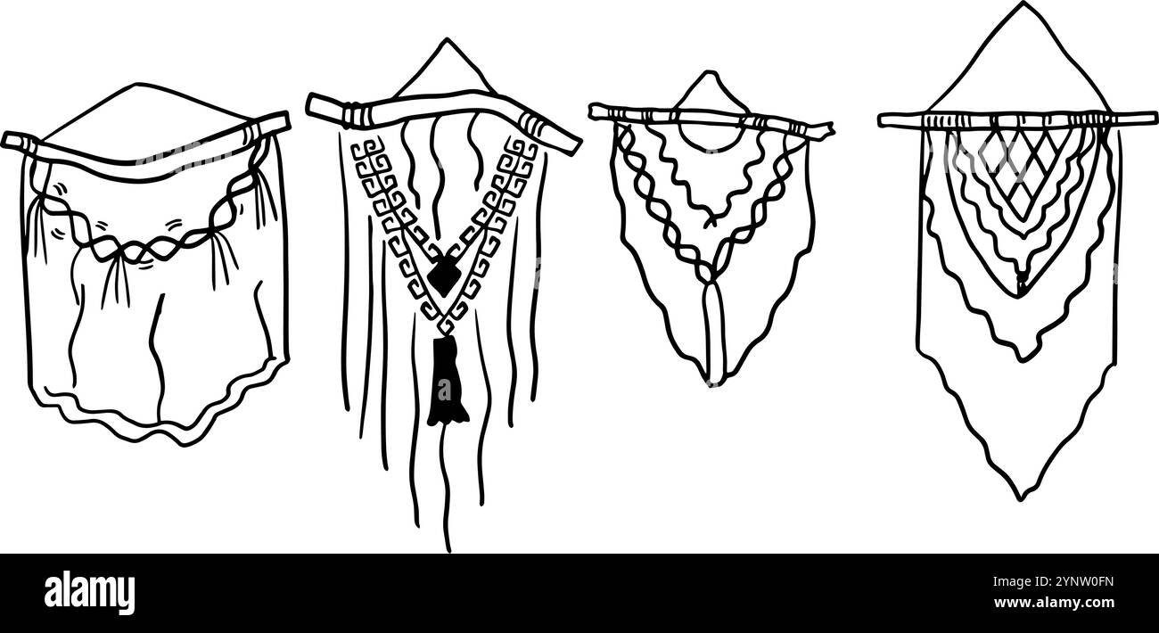 Handgezeichnetes Makramee-Set | Doodle Vektor für Basteldesigns - perfekt für DIY-Bastelarbeiten und Wohnkultur-Designs Stock Vektor