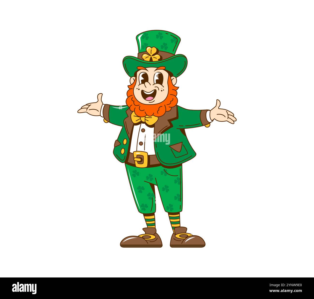 Cartoon Retro-Kobold-Charakter mit leuchtend grüner Kleidung, Top-Hut und fröhlichem Ausdruck. Vector saint Patrick Day Feiertagsfigur mit ausgebreiteten Armen, einladender Positivität und Charme Stock Vektor