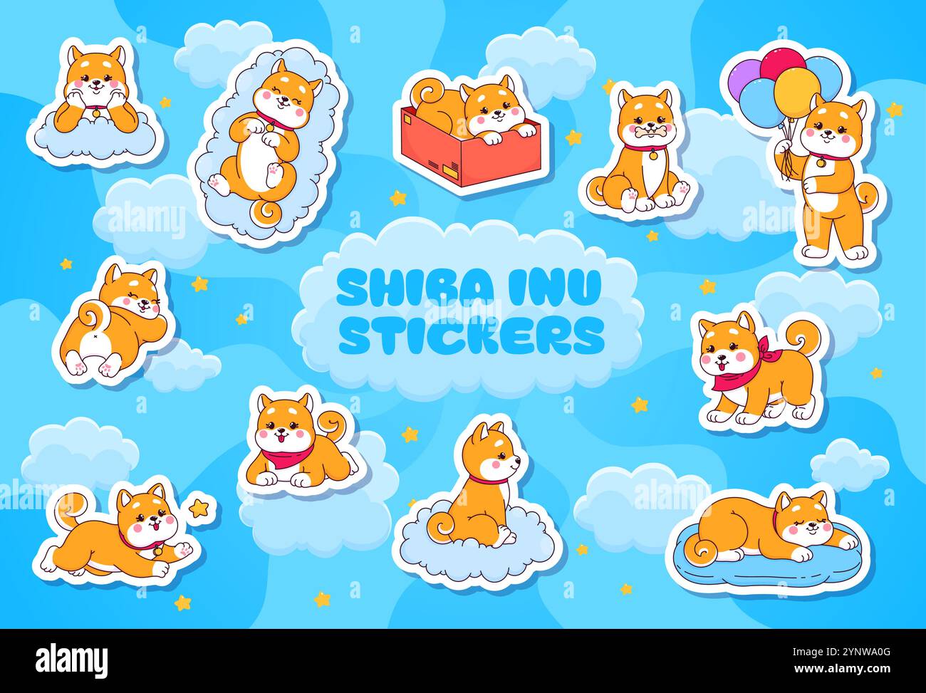 Aufkleber Packung mit Kawaii shiba inu Hunden und Welpen Charaktere, Vektor japanische Haustiertiere. Cartoon niedliche shiba inu Hunde schlafen und spielen mit Ballons, Knochenspielzeug und Box Aufkleber auf Himmel Hintergrund Stock Vektor