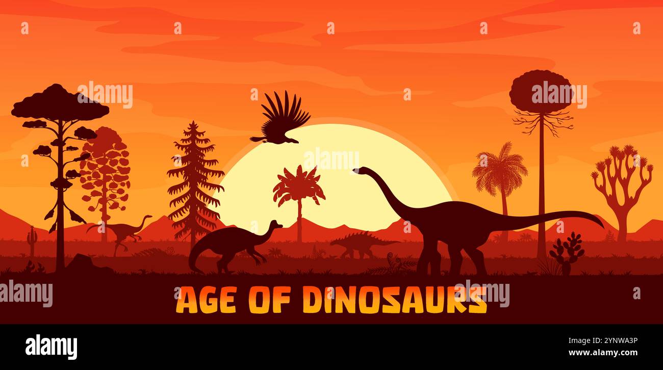 Sonnenuntergangslandschaft mit prähistorischen Dinosaurier-Silhouetten, Vektor-Hintergrund. Jurassic Dinosaurier, Eidechsen und Reptilien Silhouetten bei Sonnenuntergang für Dino Park oder Paläontologie Museum und atlas Buch Stock Vektor