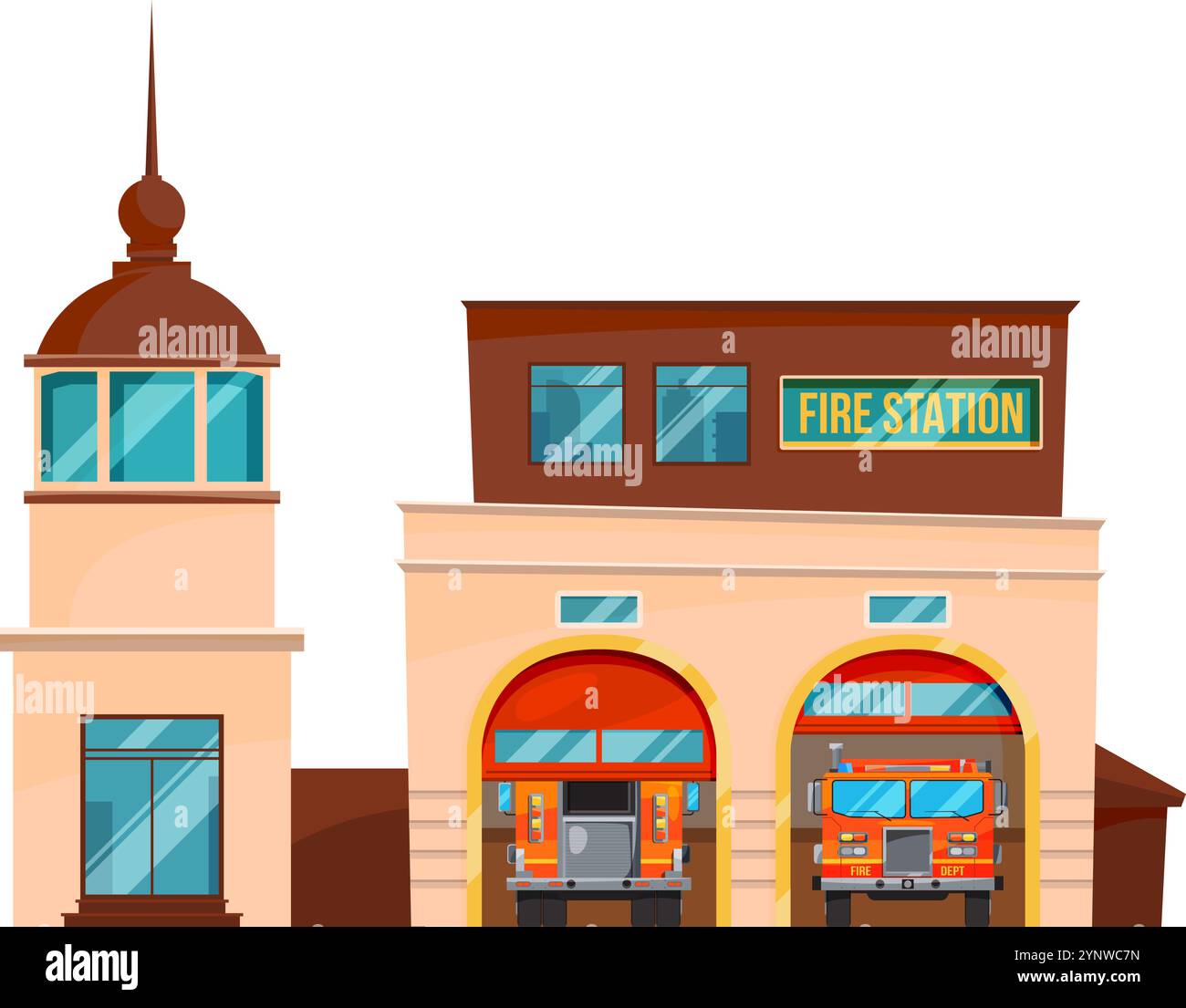 Ein Feuerwehrhaus mit zwei Feuerwehrfahrzeugen, die davor geparkt sind Stock Vektor