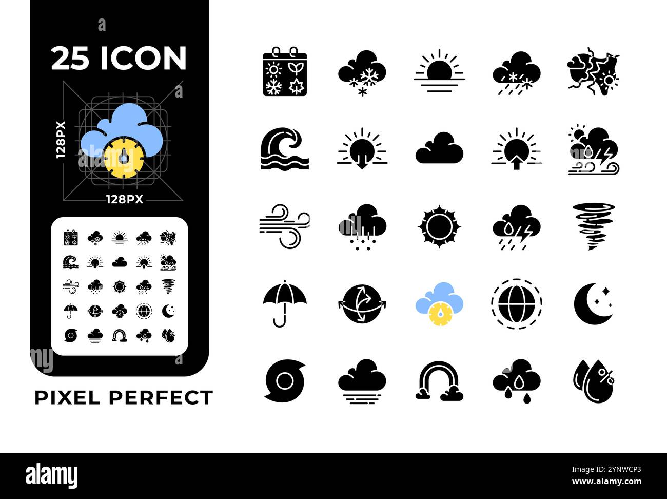 Meteorologie-Symbole mit schwarzen Glyphen auf weißem Raum Stock Vektor