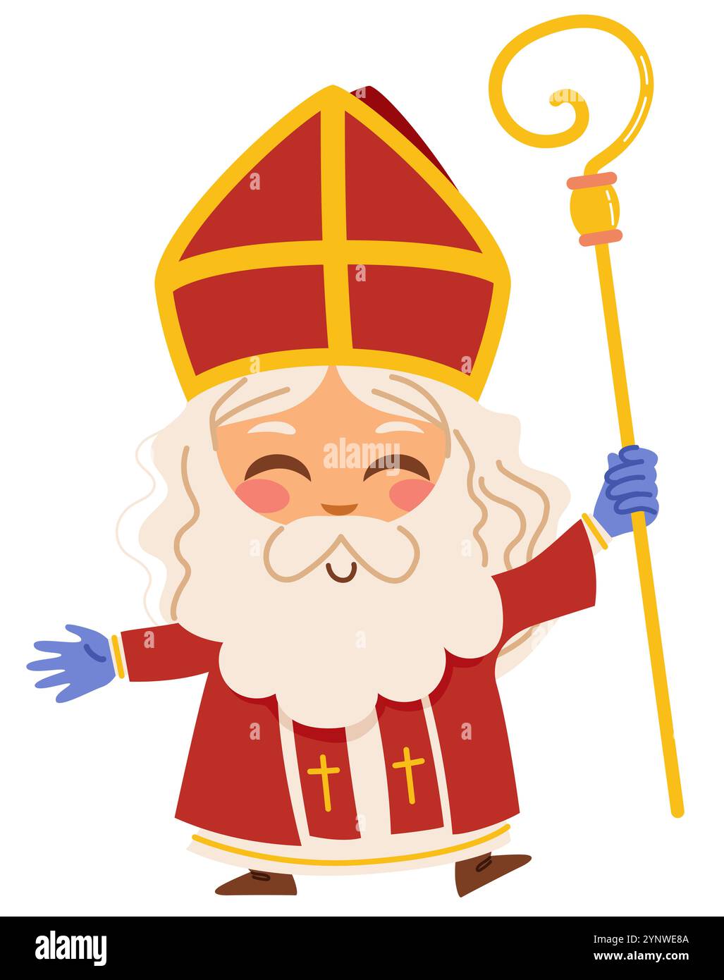 St. Nicholas Maskottchen Charakter Vektor Illustration. Schöner gezeichneter Nikolaus mit Krücken und rotem Gewand Stockfoto
