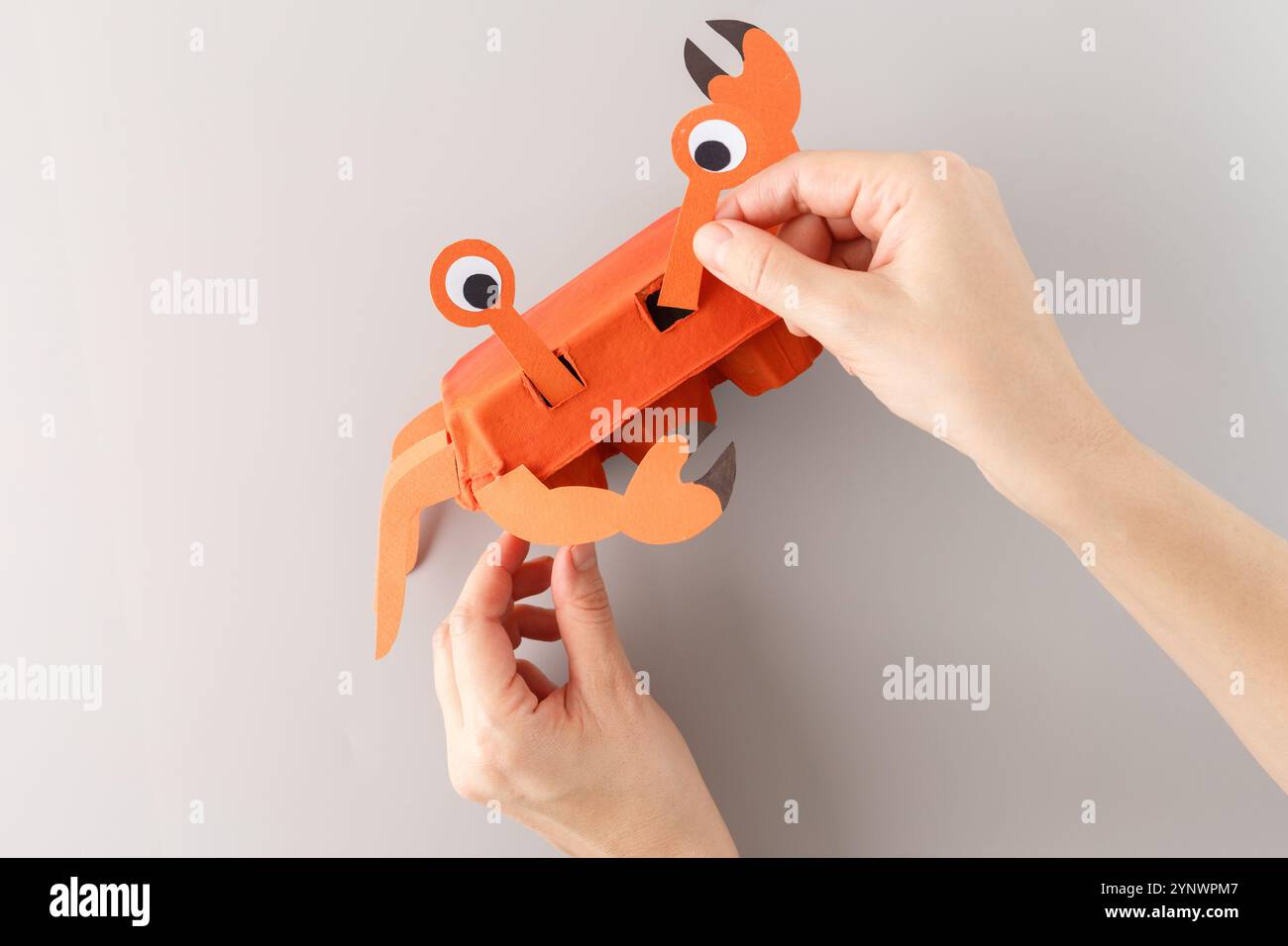 Eine lustige Krabbenkreation aus einem orange lackierten Eierkarton wird erstellt. Die Krabbe hat oben zwei große Augen, die aus Papierkreisen gefertigt sind Stockfoto