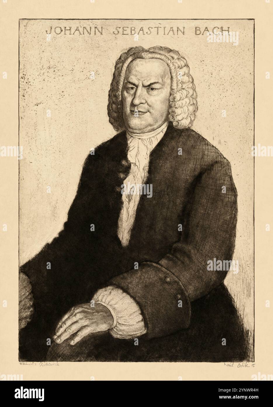 Porträt von Johann Sebastian Bach von Emil Orlik (Tschechisch, 1870–1932), realisiert 1915. Stockfoto