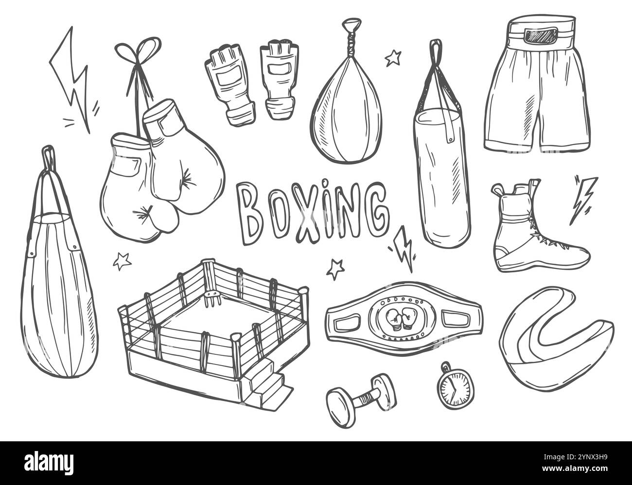 Boxsymbole gesetzt. Boxsack, Boxenleuchten, Shorts, Boxenglocke, Ring. Schwarz-weiße boxi-Symbole, handgezeichnete Boxelemente, Vektormaterial-Illustration. Stock Vektor