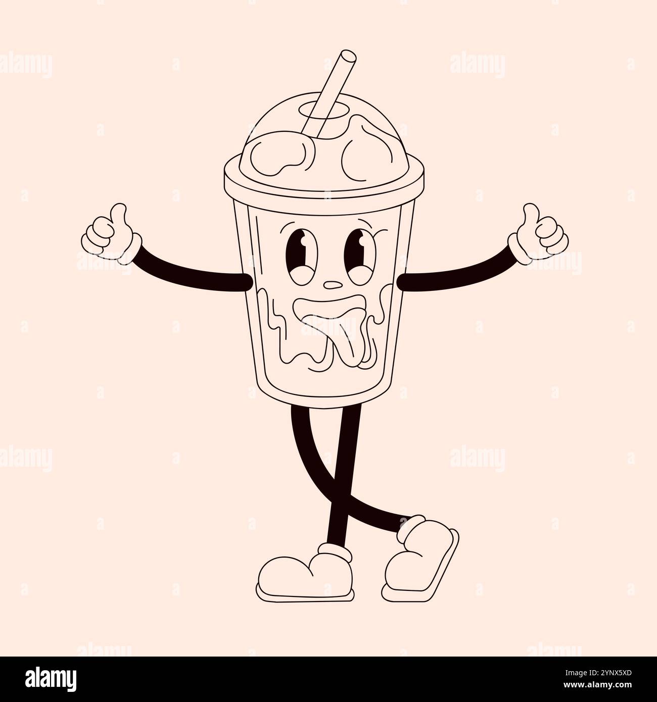 Grooviger Kaffeecharakter zeigt Daumen nach oben und mit Trinkstroh. Vintage-Maskottchen im Doodle-Stil. Isoliert auf einem pfirsichfarbenen Hintergrund. Stock Vektor