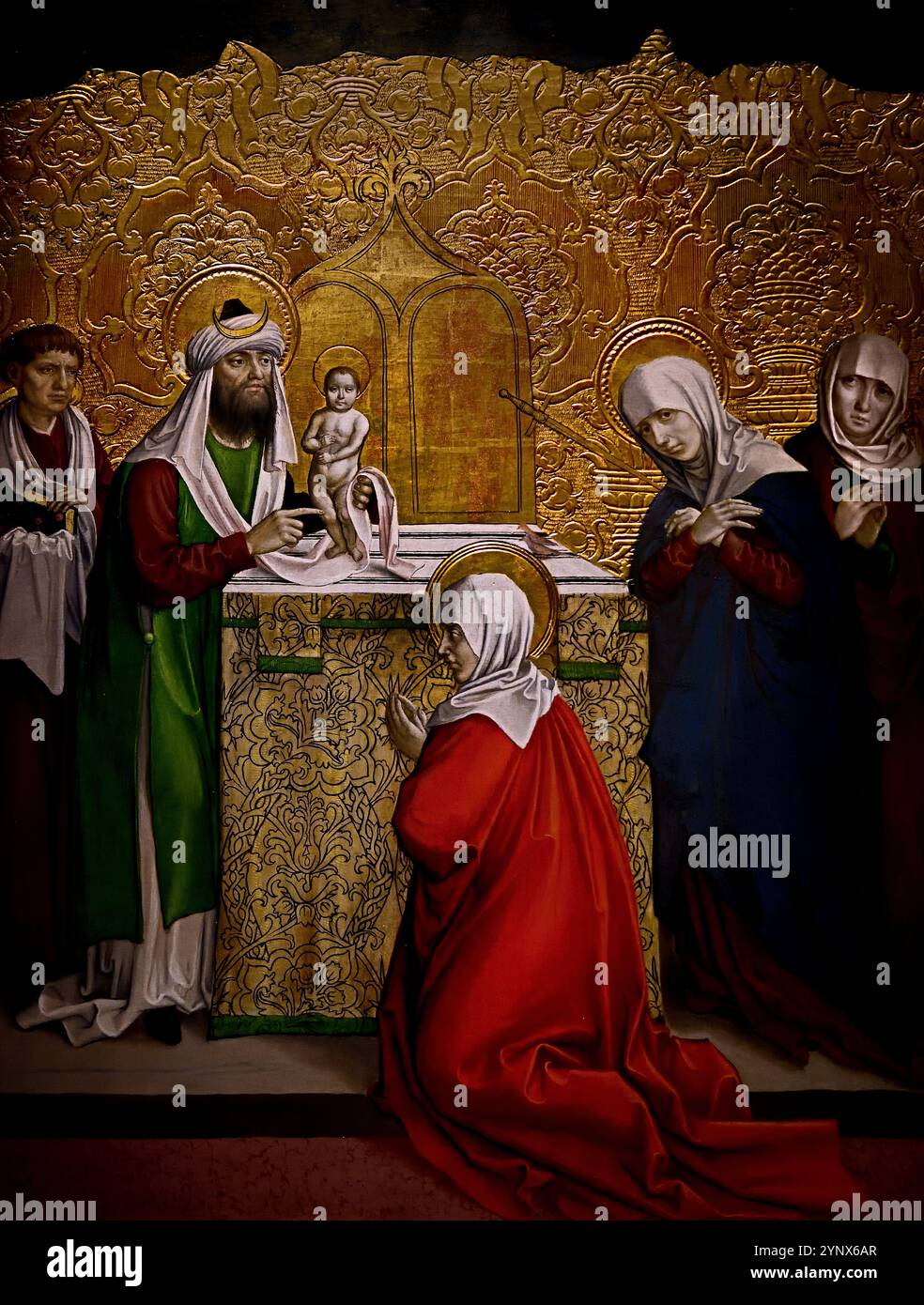 Die Präsentation im Tempel, als die Tage für ihre Reinigung nach dem Gesetz Moses beendet waren, brachten sie ihn nach Jerusalem, um ihn dem Herrn zu präsentieren, 1500–1510 Tafel aus dem Verschluss einer Altar-Franziskanerkirche in Okolicsnó (heute Okoličné, Slowakei) 15.–16. Jahrhundert, Museum für Kunst, Budapest, Ungarn, Ungarn, ( Maria und Josef nahmen das Jesuskind vierzig Tage nach seiner Geburt in den Tempel in Jerusalem, um die rituelle Reinigung Mariens nach der Geburt zu vollenden und die Erlösung des Erstgeborenen im Gehorsam gegenüber dem Gesetz Moses zu vollziehen,) Stockfoto