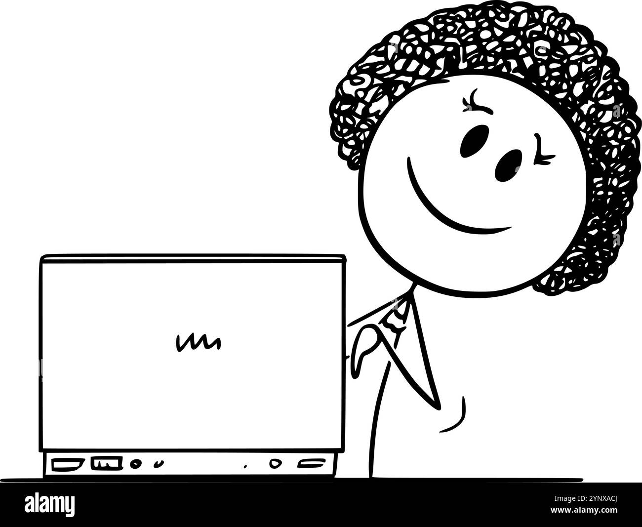 Schwarze Frau oder afrikanische Ethnicity Geschäftsfrau, die an Computer, Vektor-Cartoon-Stabfigur oder Charakterillustration arbeitet. Stock Vektor