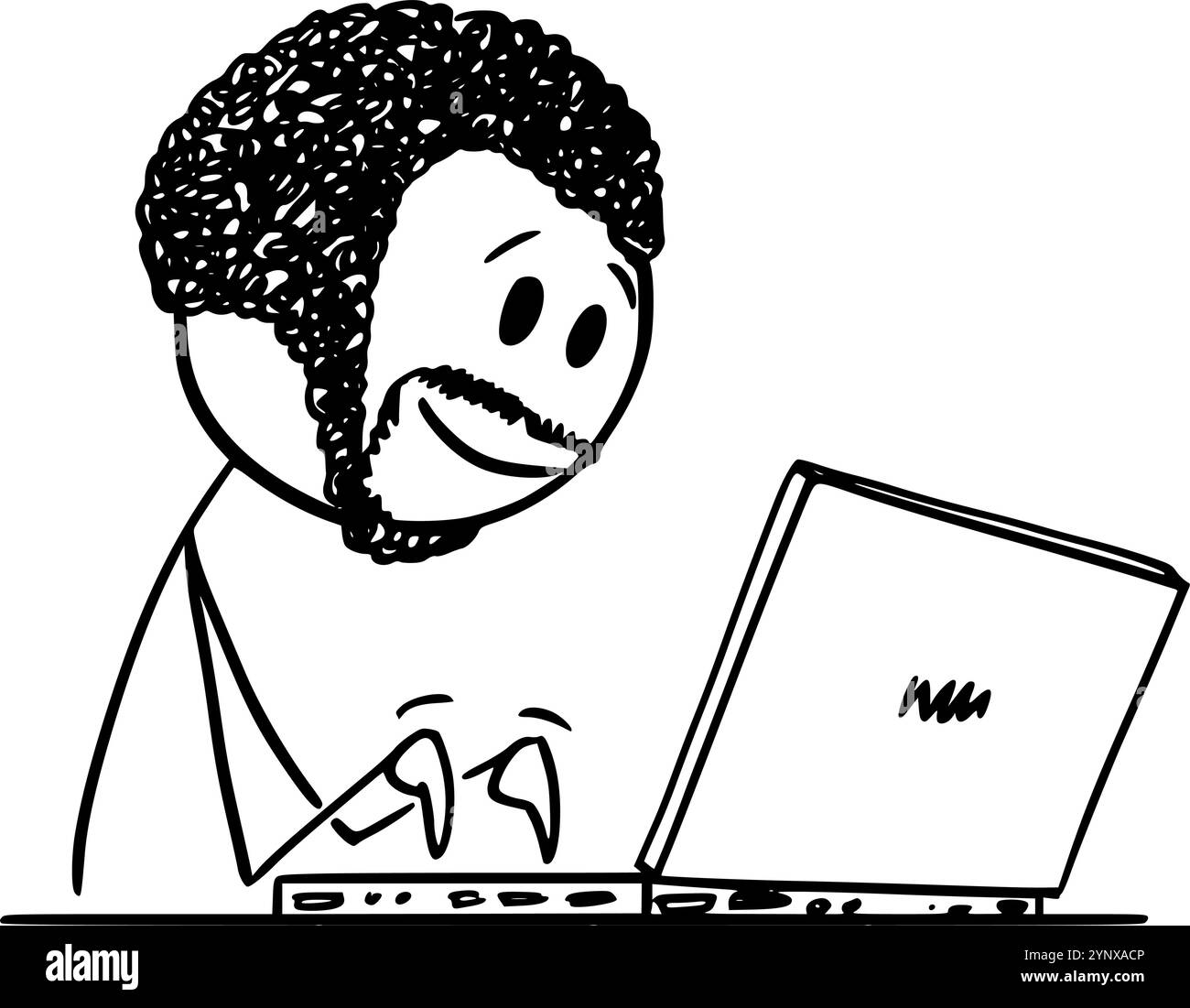 Schwarzer Mann oder afrikanischer Ethnicity Geschäftsmann, der an Computer, Vektor-Cartoon-Stabfigur oder Charakterillustration arbeitet. Stock Vektor
