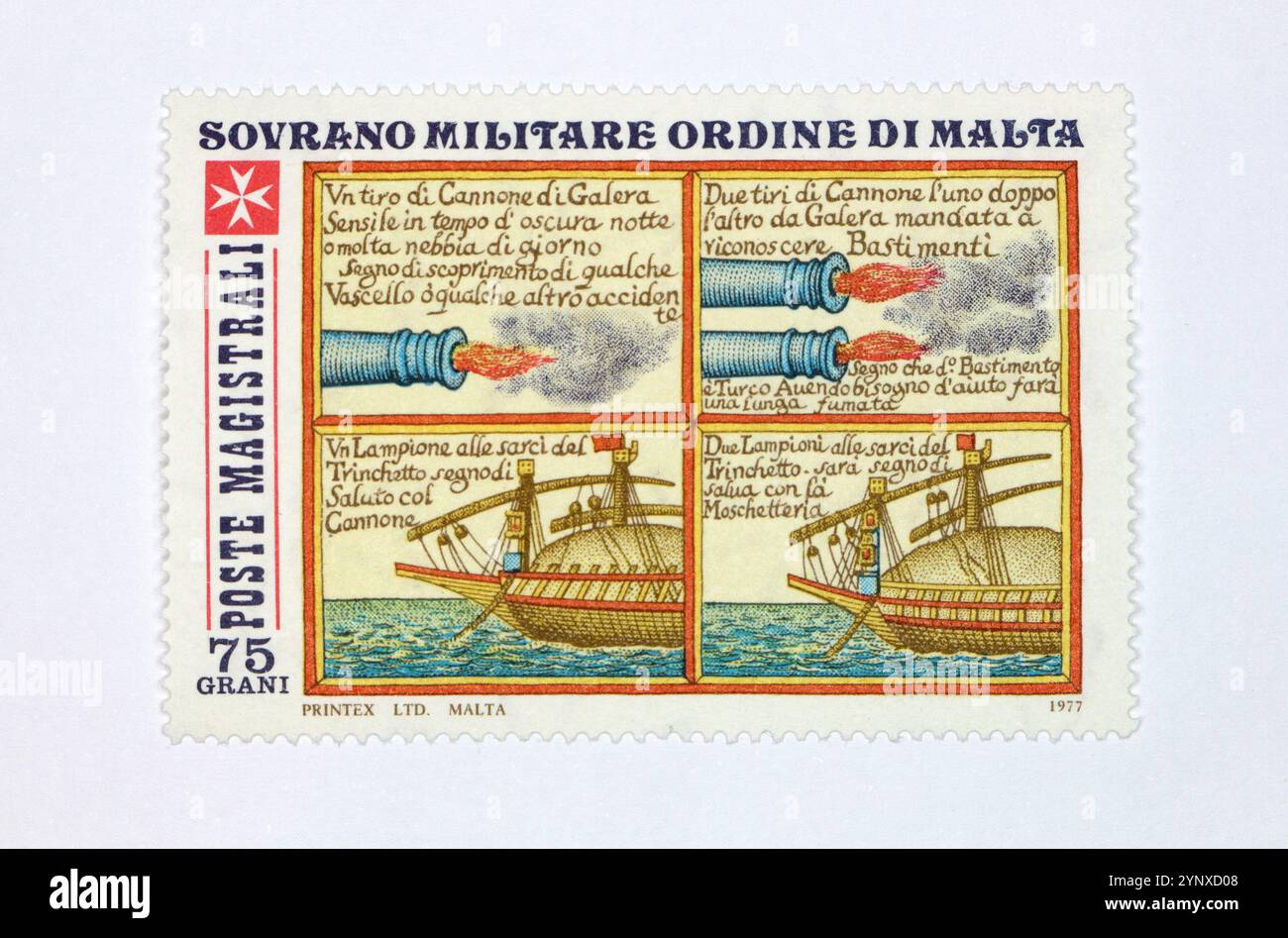 Briefmarke, die 1977 vom Souveränen Malteserorden in Italien zum Thema "Ancient Martime Signalling", Briefmarkensammelhobjekt herausgegeben wurde. Stockfoto