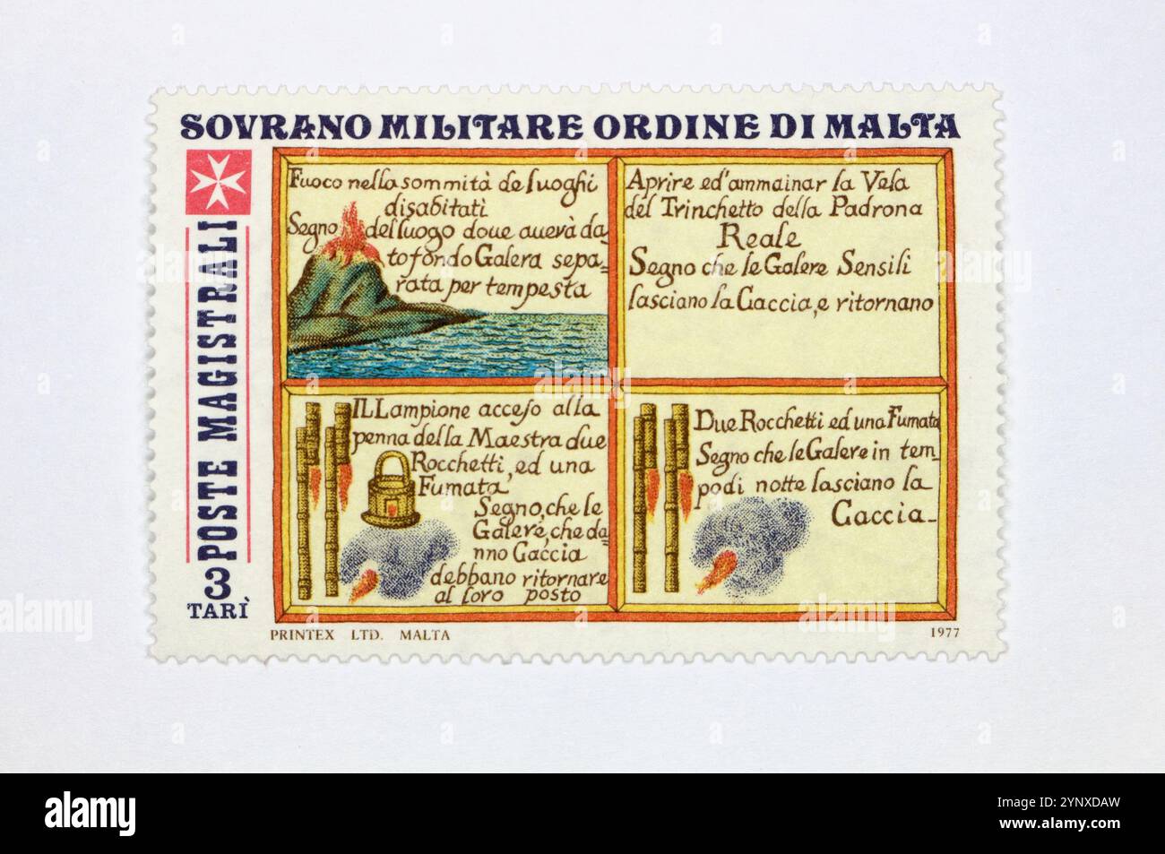 Briefmarke, die 1977 vom Souveränen Malteserorden in Italien zum Thema "Ancient Martime Signalling", Briefmarkensammelhobjekt herausgegeben wurde. Stockfoto