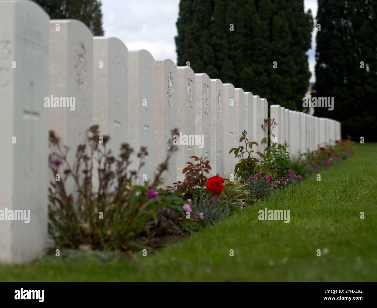 YPERN, BELGIEN - 25. MAI 2014: Grabsteine auf dem Tyne Cot WW1 Memorial Cemetery in Flandern Belgien Stockfoto