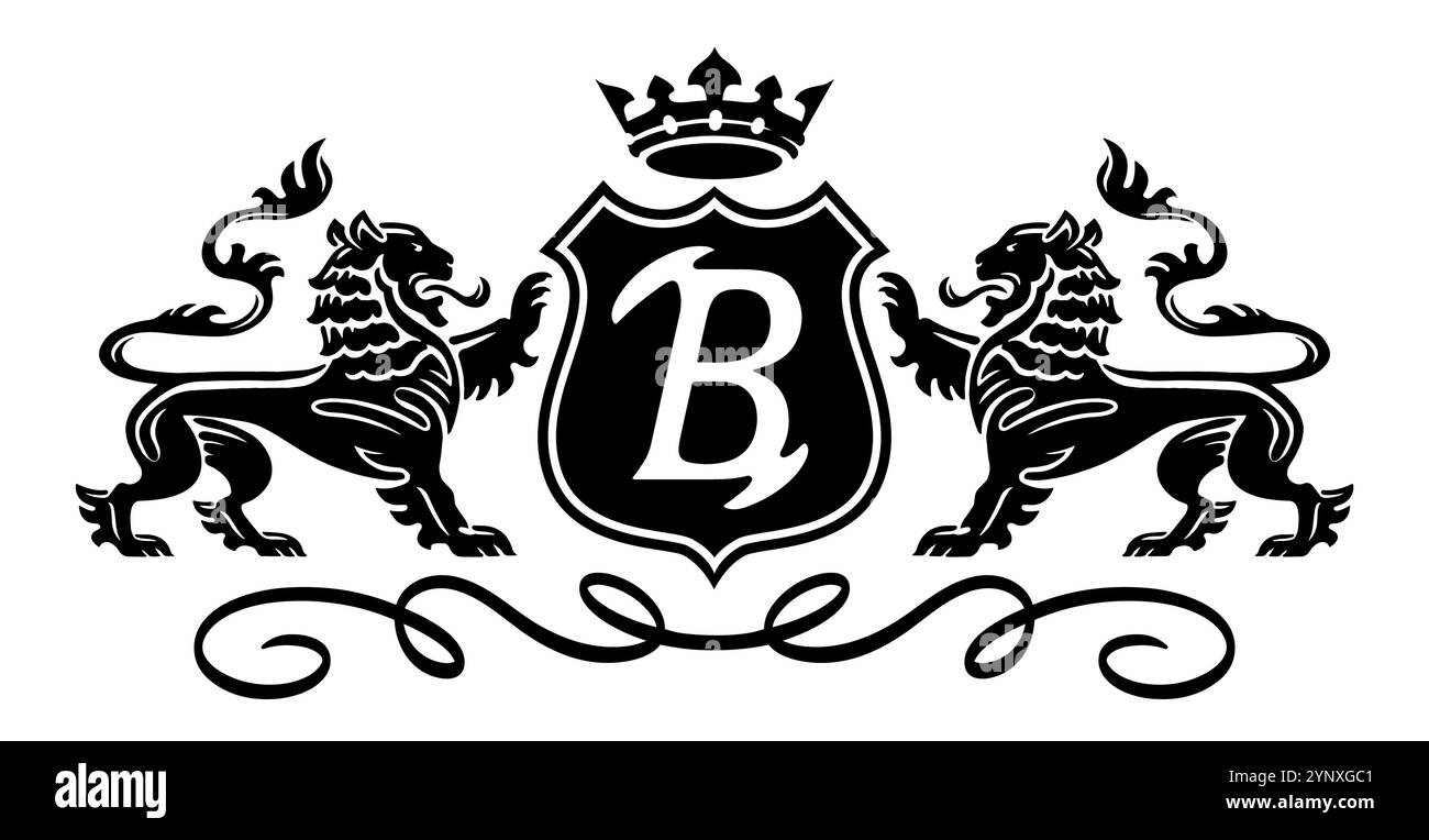 Wappen mit heraldischen Löwen und Schild. Königliches Symbol, Schwarz-weiß-Vektor-Illustration Stock Vektor