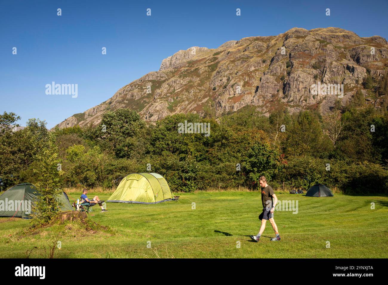 Großbritannien, England, Cumbria, Langdale, Camper auf dem Campingplatz Great Langdale, mit Langdale Pikes oben Stockfoto