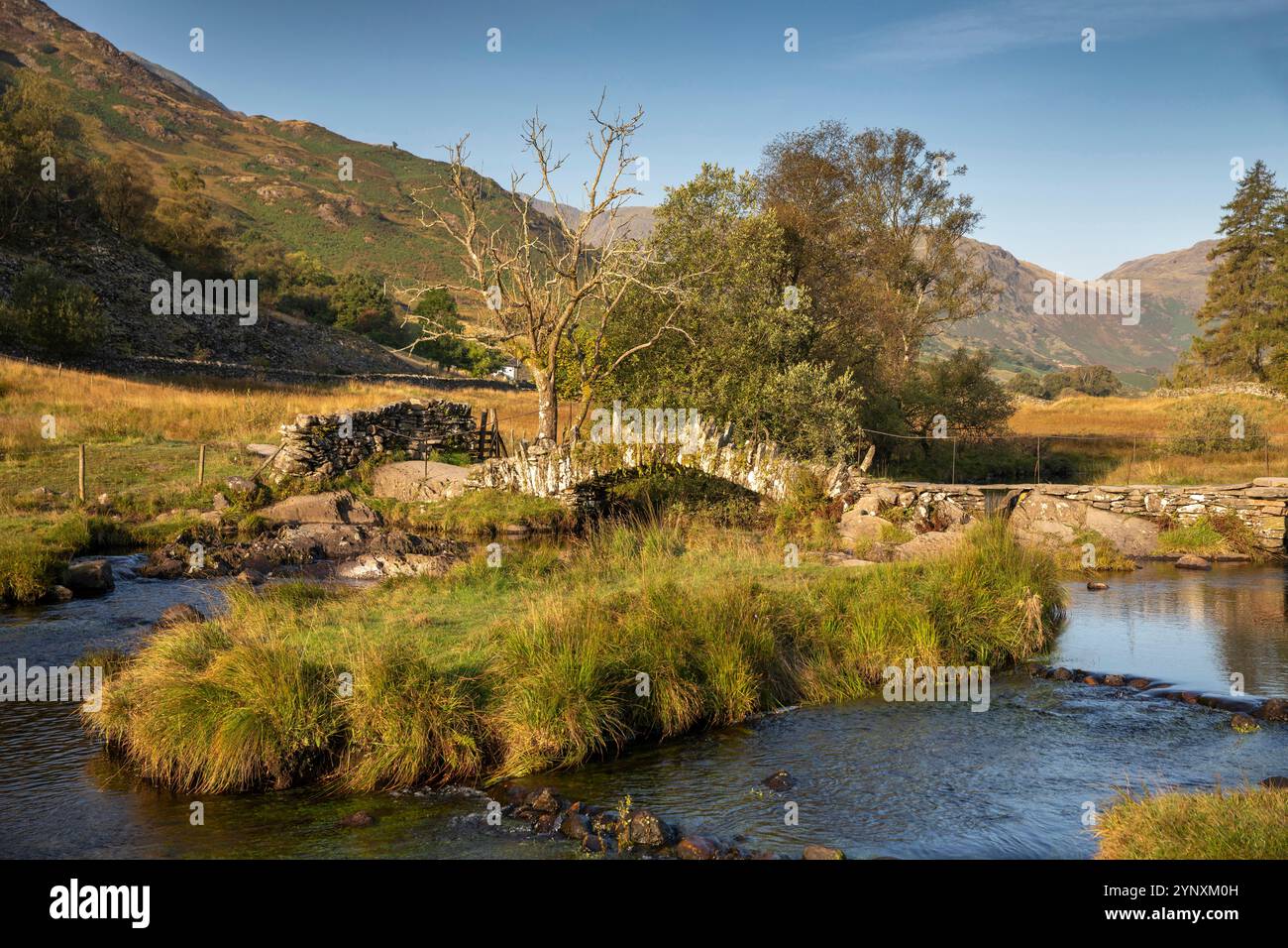 Großbritannien, England, Cumbria, Little Langdale, Slater’s Bridge, alte Clapperbridge über den Fluss Brathay Stockfoto