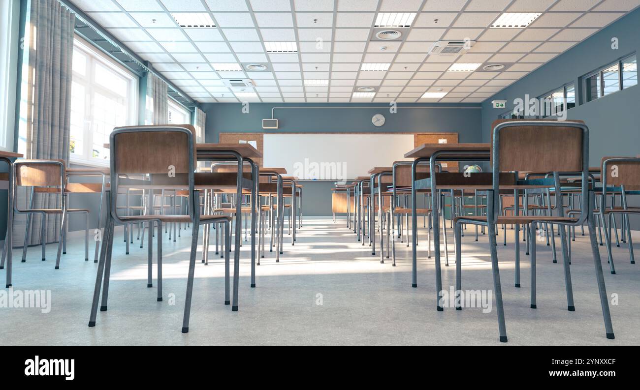 Leeres Klassenzimmer mit Sonnenlicht, das durch die Fenster hindurch scheint Stockfoto