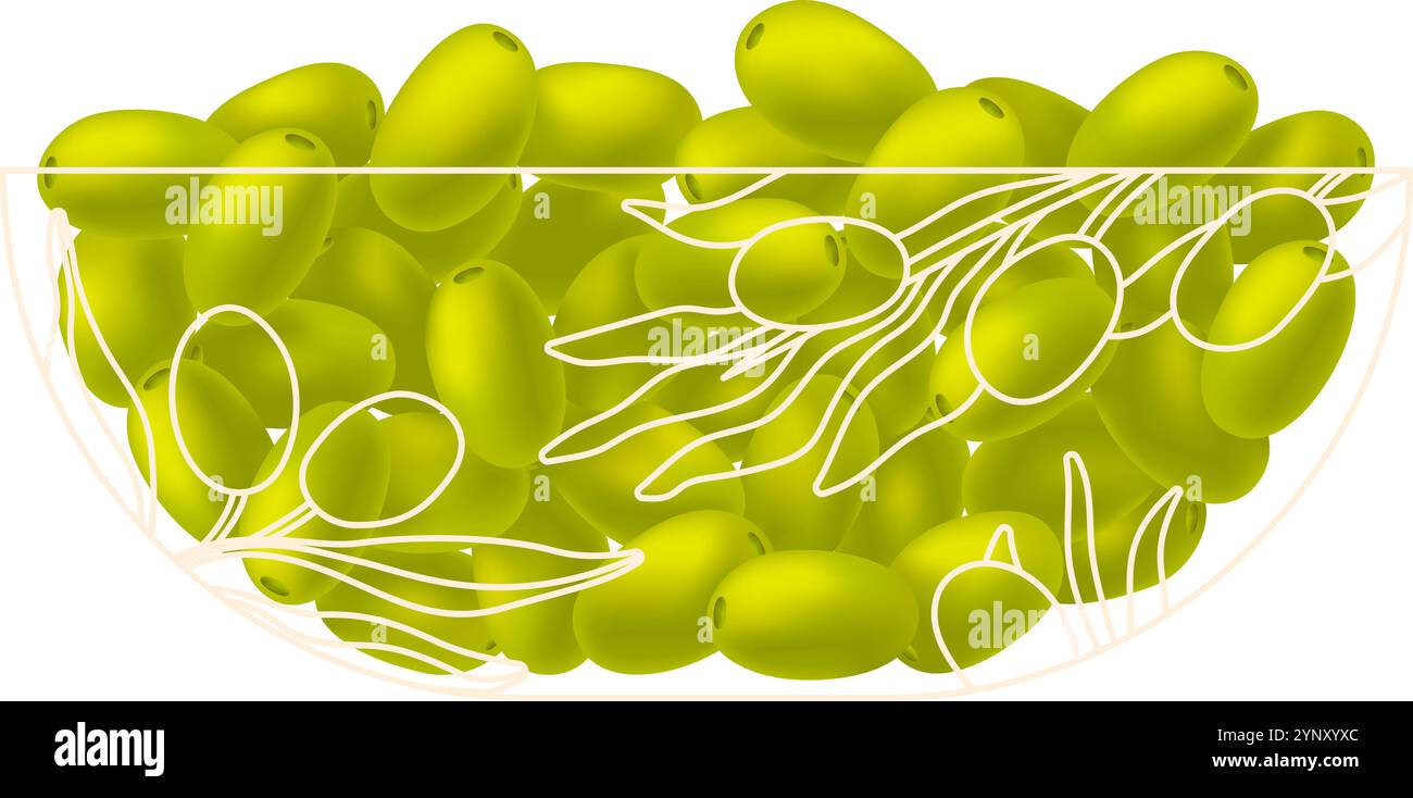 Eine Schüssel mit grünen Oliven mit weißem Hintergrund. Die Oliven sind so angeordnet, dass sie aussehen wie in einer Schüssel Stock Vektor