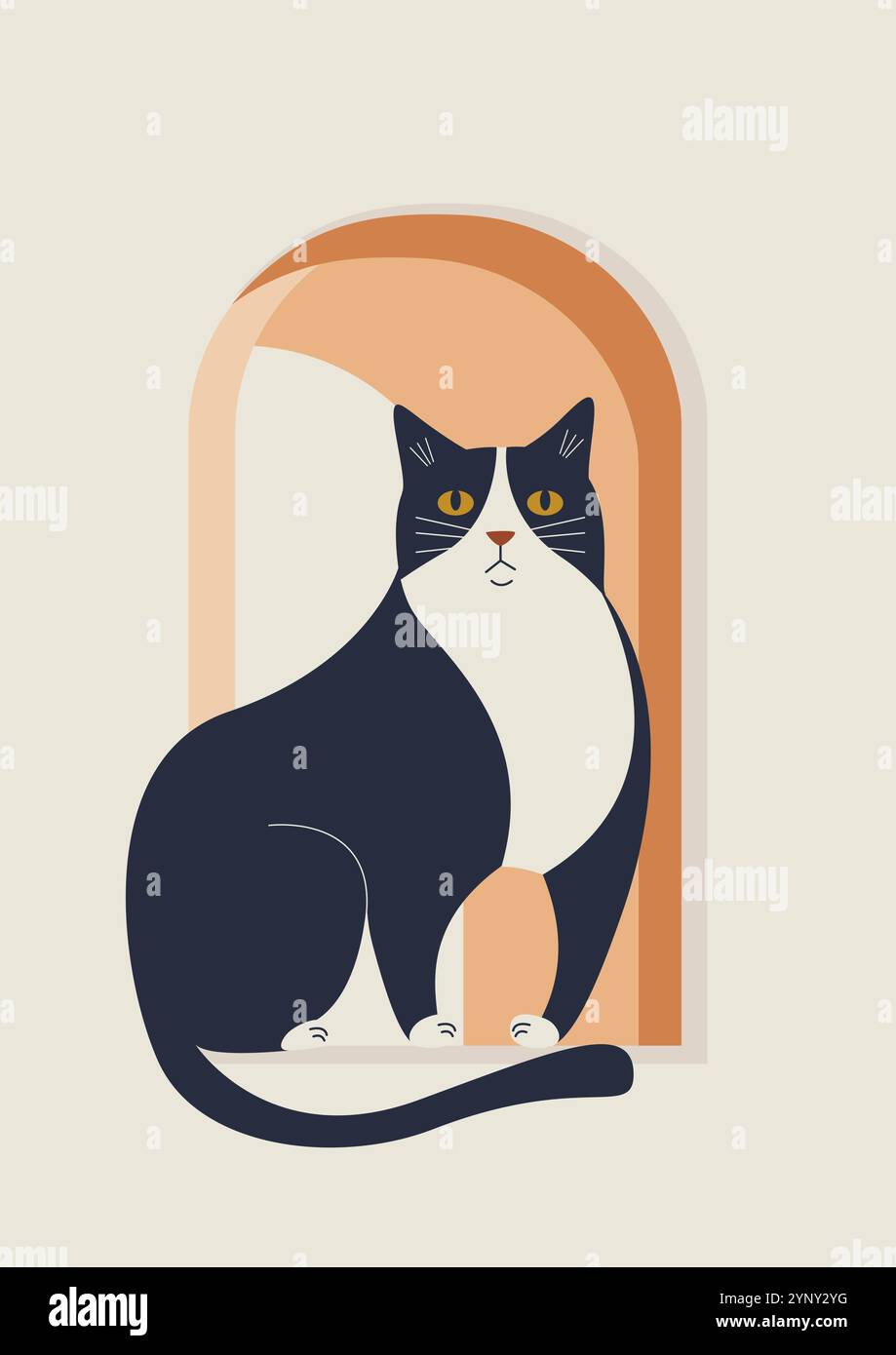Schwarze Katze in ästhetischer Boho-Kunst im Fenster. 2D-Illustration für Hauskätzchen. Cat Life Konzept, Vektorkunst. Boho-Wanddekor. Moderne Minima aus der Mitte des Jahrhunderts Stock Vektor