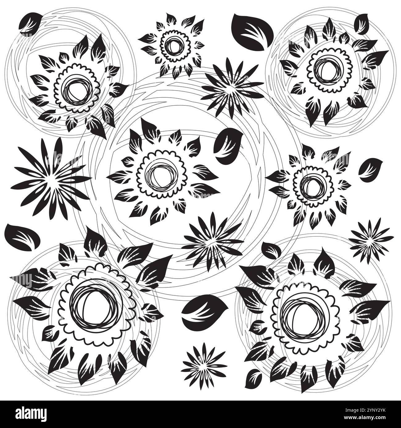 Blätter Blume und Laub Muster - Hand gezeichnete Illustration - Natur im Sommer - Schwarz-weiß Farben Vektor Stock Vektor
