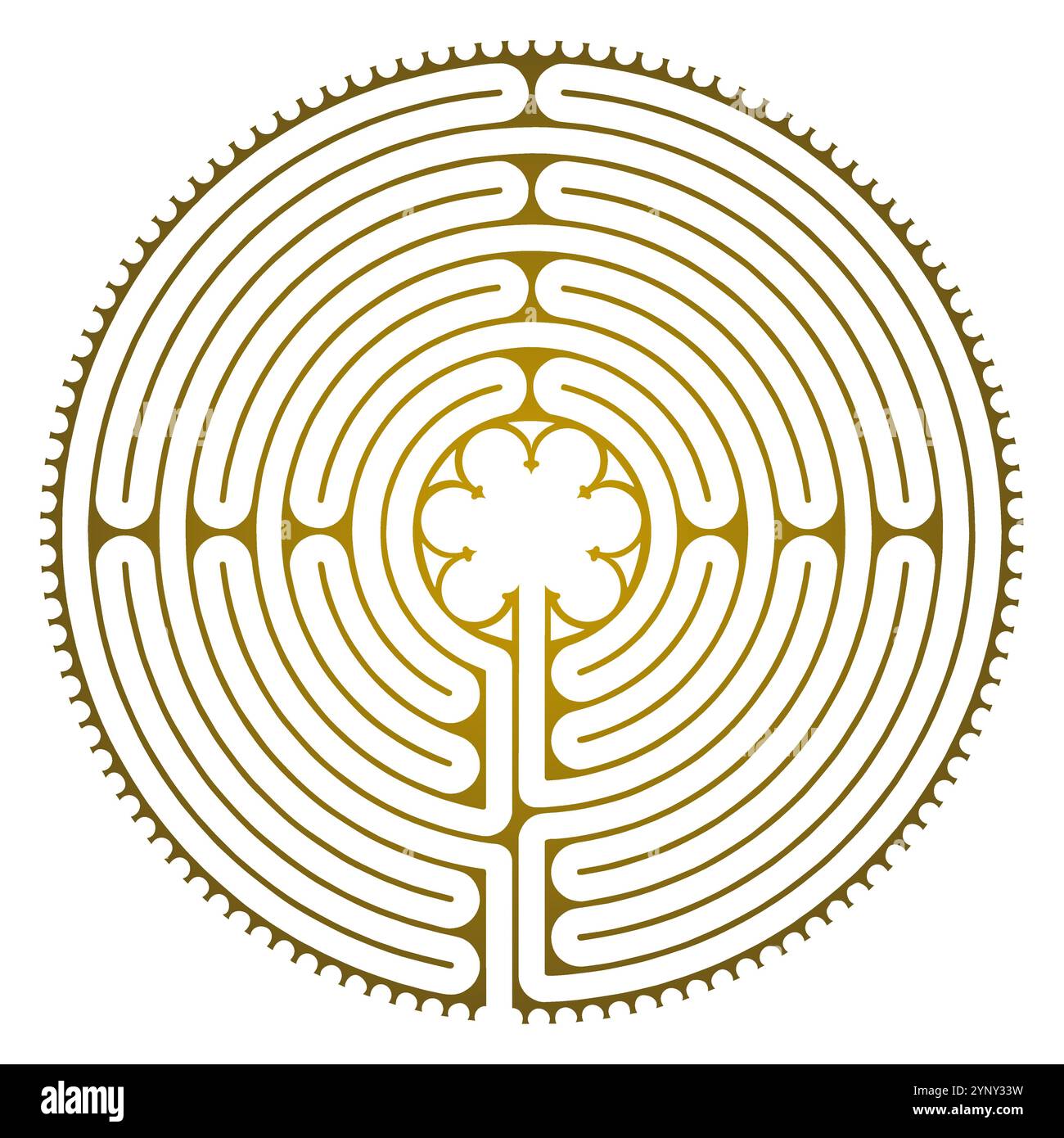 Labyrinth Kathedrale von Chartres Illustration Vektor - Symbolismus Meditation Geschichte - Blumenmotiv - Heilige Geometrie Goldene Farben Stock Vektor