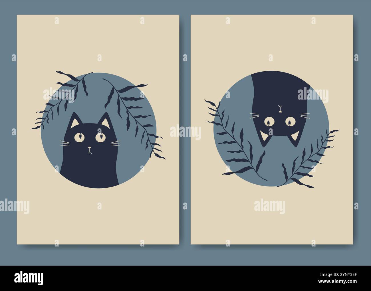 Schwarze Katzen ästhetische Boho-Illustration. Häusliches Kätzchen 2d süßes Vorlagenset. Cat Life Konzept, Vektorkunst. Boho-Wanddekor. Mid Century modern Minimal Stock Vektor