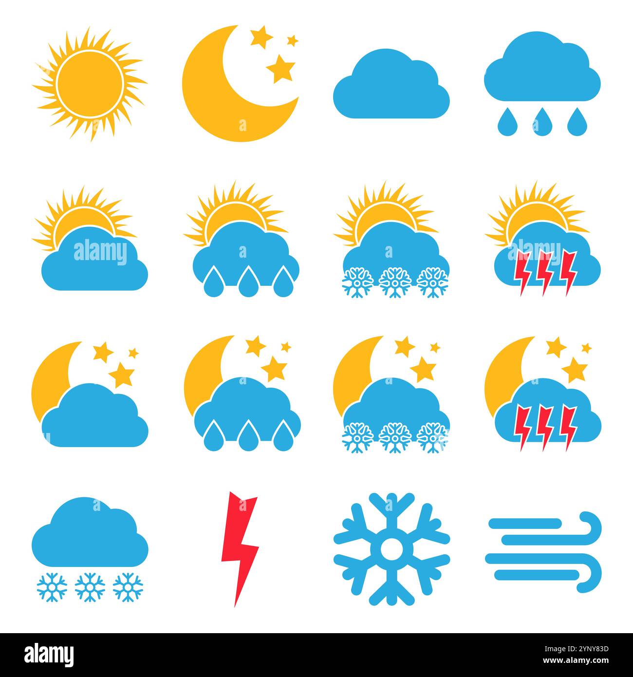 Satz von 16 Wettersymbolen. Mehrfarbige Symbole für unterschiedliche Wetterbedingungen. Vektorabbildung. Stock Vektor