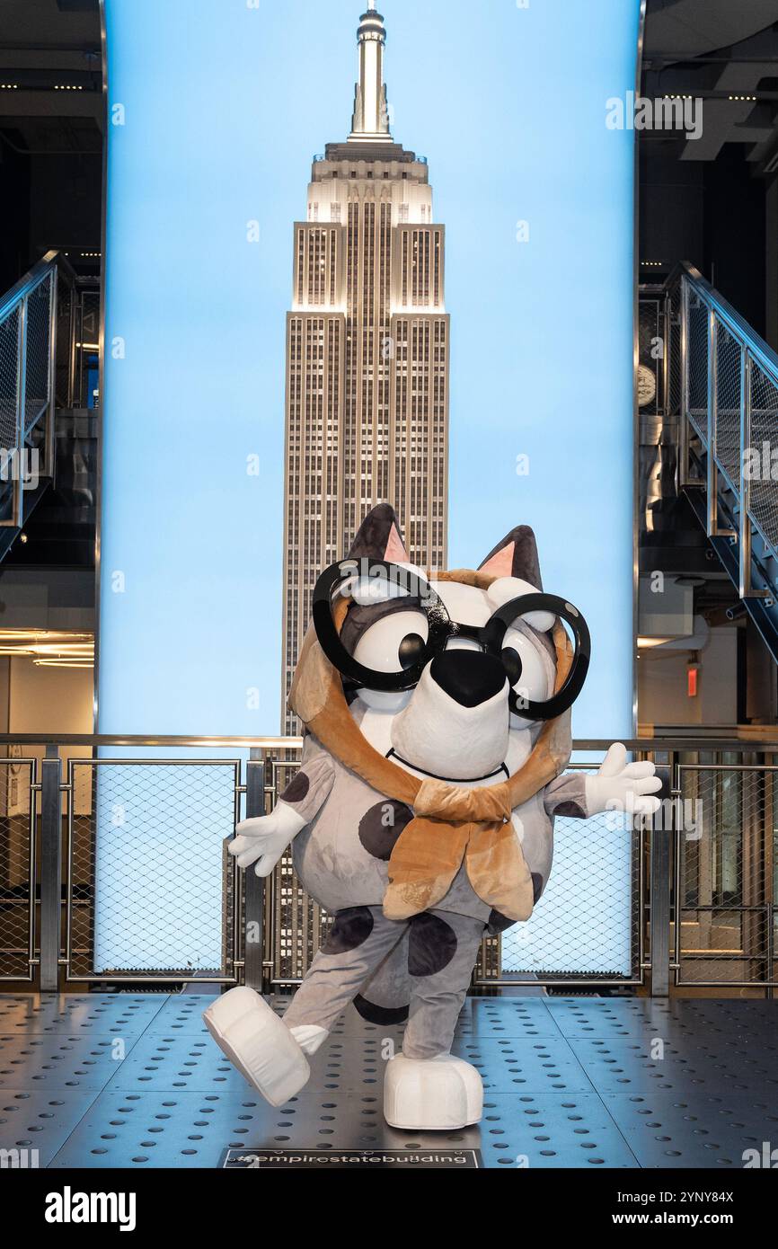 New York, NY, USA, 22. November 2024: Muffin aus der Disney-Zeichentrickserie „Bluey“ besucht das Empire State Building in New York am 22. November 2024 vor Macy's Thanksgiving Day Parade, wo ein Ballon von Bluey fliegen wird. Muffin wurde von Bluey- und Bingo-Charakteren begleitet. Quelle: Lev Radin/Alamy Live News Stockfoto