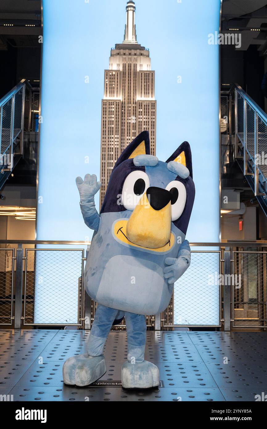 New York, NY, USA, 22. November 2024: Bluey aus Disney besucht das Empire State Building in New York am 22. November 2024 vor Macy's Thanksgiving Day Parade, wo ein Ballon von Bluey fliegen wird. Bluey wurde von Bingo und Muffin begleitet. Quelle: Lev Radin/Alamy Live News Stockfoto