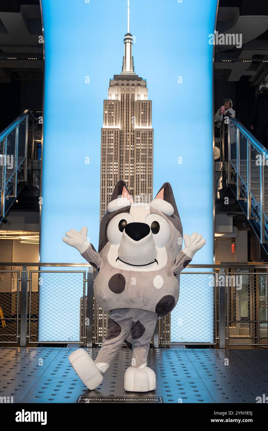 New York, NY, USA, 22. November 2024: Muffin aus der Disney-Zeichentrickserie „Bluey“ besucht das Empire State Building in New York am 22. November 2024 vor Macy's Thanksgiving Day Parade, wo ein Ballon von Bluey fliegen wird. Muffin wurde von Bluey- und Bingo-Charakteren begleitet. Quelle: Lev Radin/Alamy Live News Stockfoto