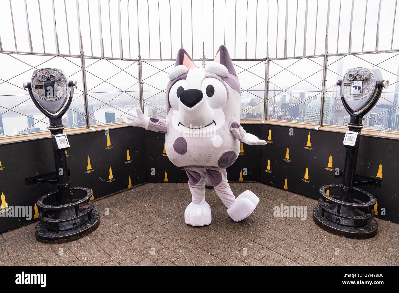 New York, NY, USA, 22. November 2024: Muffin aus der Disney-Zeichentrickserie „Bluey“ besucht das Empire State Building in New York am 22. November 2024 vor Macy's Thanksgiving Day Parade, wo ein Ballon von Bluey fliegen wird. Muffin wurde von Bluey- und Bingo-Charakteren begleitet. Quelle: Lev Radin/Alamy Live News Stockfoto