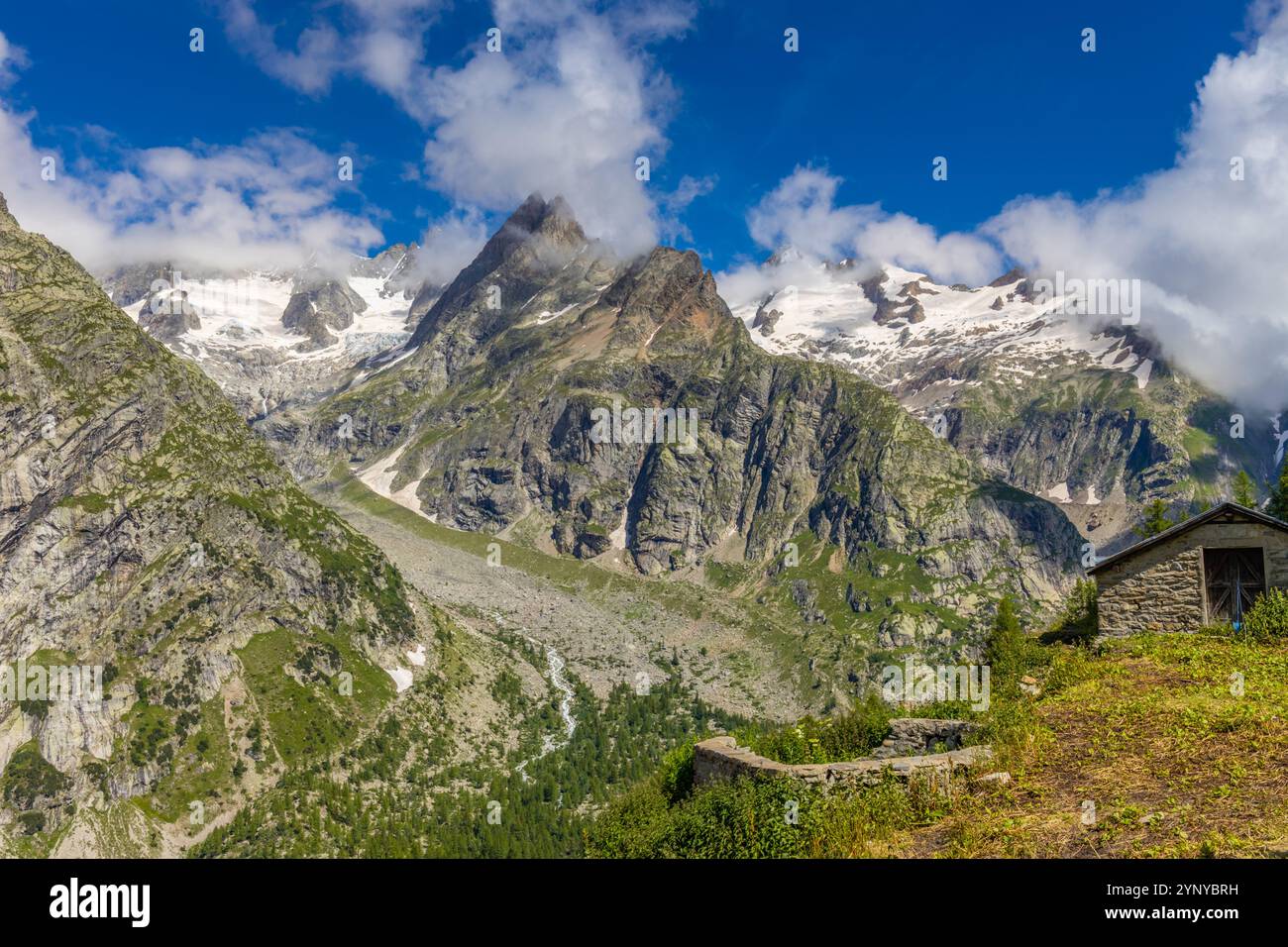 Berglandschaft Val Ferret in den Alpen. Tour du Mont Blanc wunderschöne Panoramaaussicht vom Wanderweg auf dem Weg von Itlay in die Schweiz Stockfoto Berglandschaft Val Ferret in den Alpen. Tour du Mont Blanc wunderschöne Panoramaaussicht vom Wanderweg auf dem Weg von Itlay in die Schweiz Stockfoto