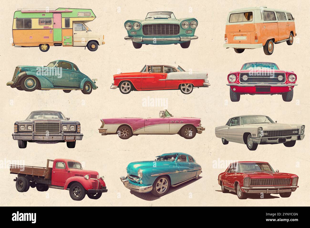 Retro-Autos auf Vintage-Hintergrund, Sammlung von antiken Automobil-Collage-Ausschnitten Stockfoto
