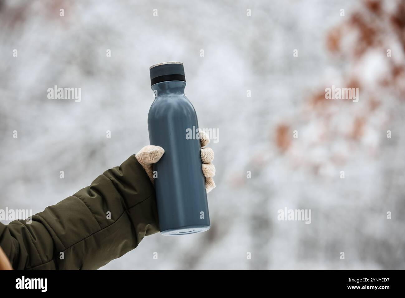 Touristen halten Thermoskanne mit heißem Getränk im Freien. Erfrischung beim Wandern im Winterwald Stockfoto