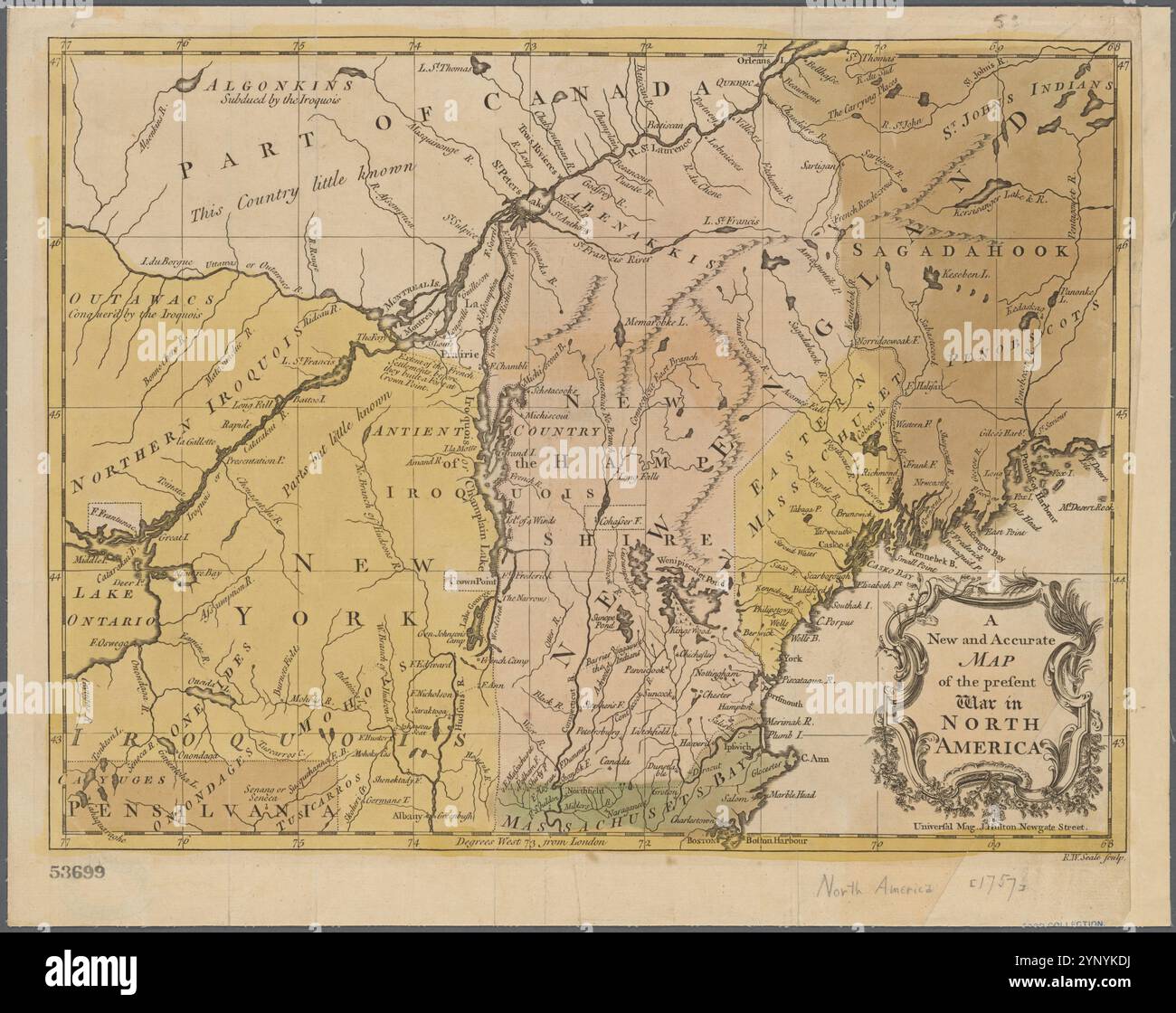 Eine neue und genaue Karte des heutigen Krieges in Nordamerika 1757 von Hinton, John, -1781 Stockfoto