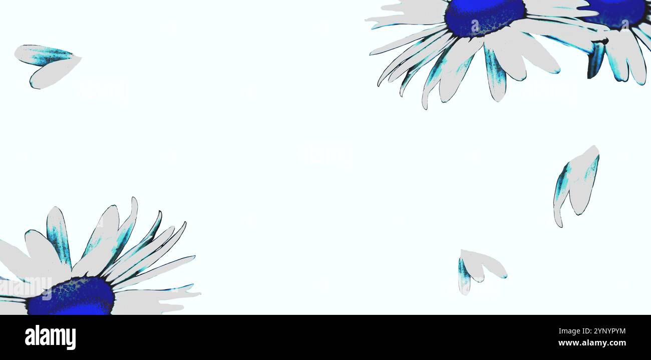 Blumenmuster, Blumenkunst. Fallende Blütenblätter. Farbenfrohe Minimalkomposition. Bildbearbeitung. Heller Hintergrund. Kopierbereich Stockfoto
