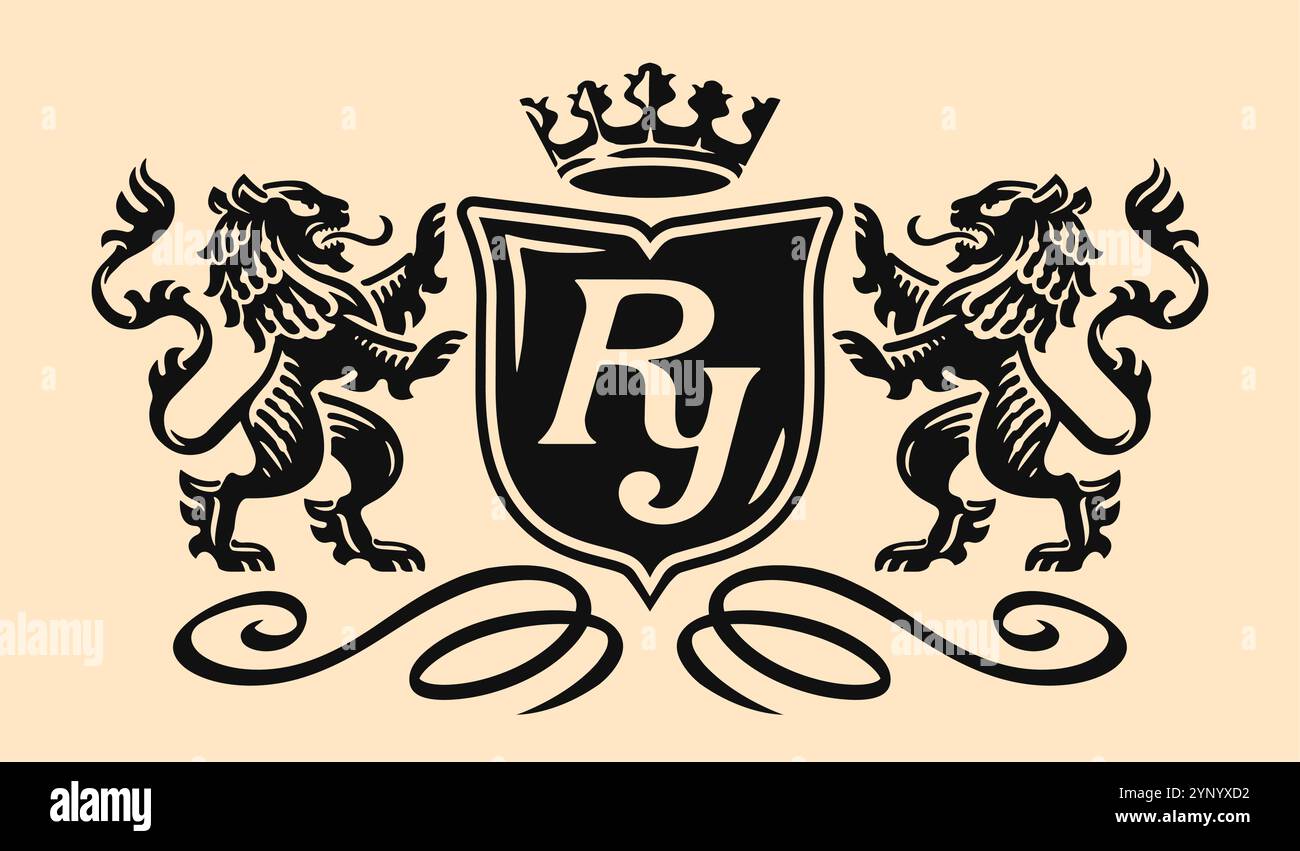 Wappenwappen mit Löwen und Kronenemblem. Königliches Symbol Vintage Vektor Illustration Stock Vektor