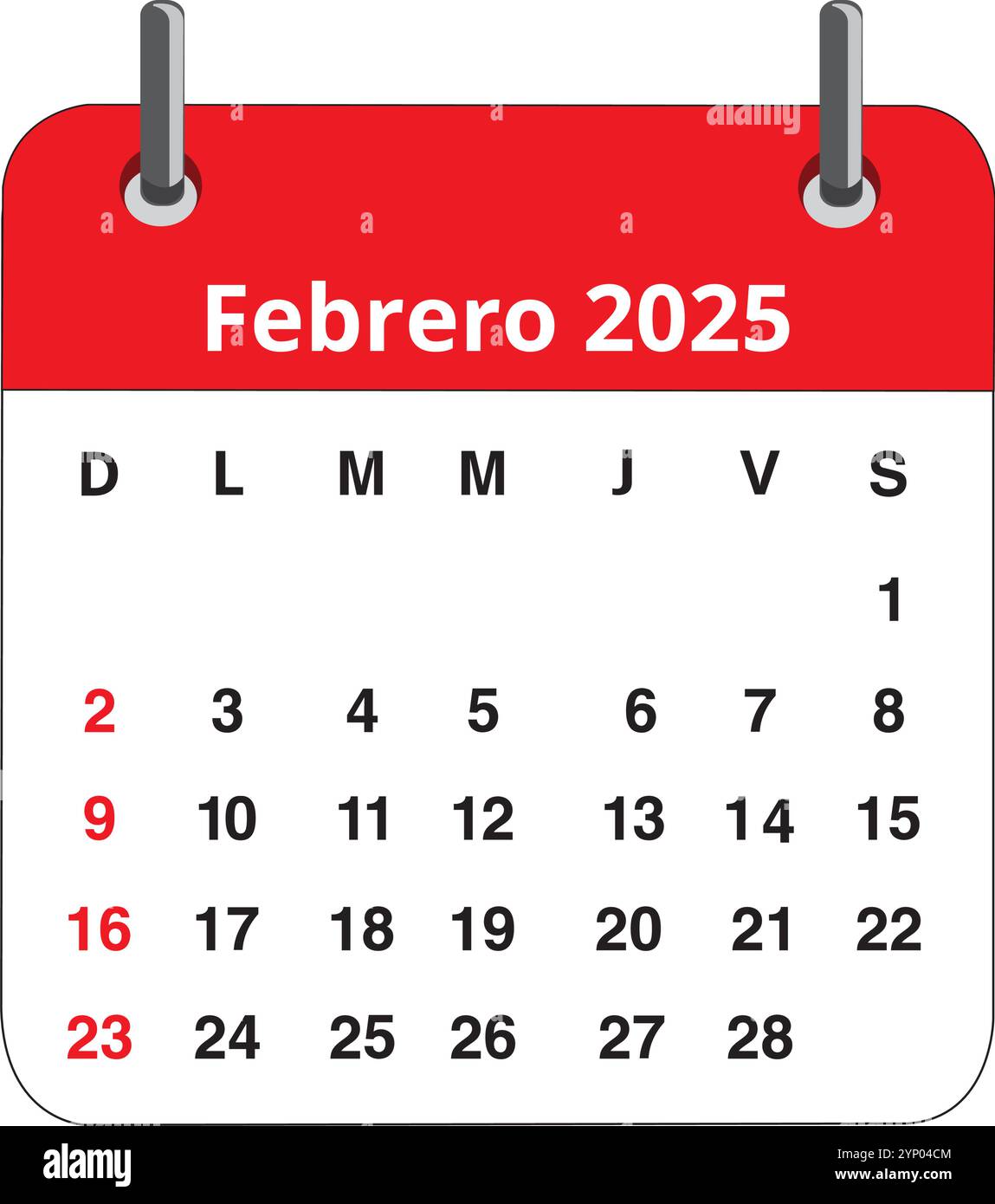 Kalenderseite Februar 2025 isoliert auf weißem Hintergrund (trad. februar) Stock Vektor