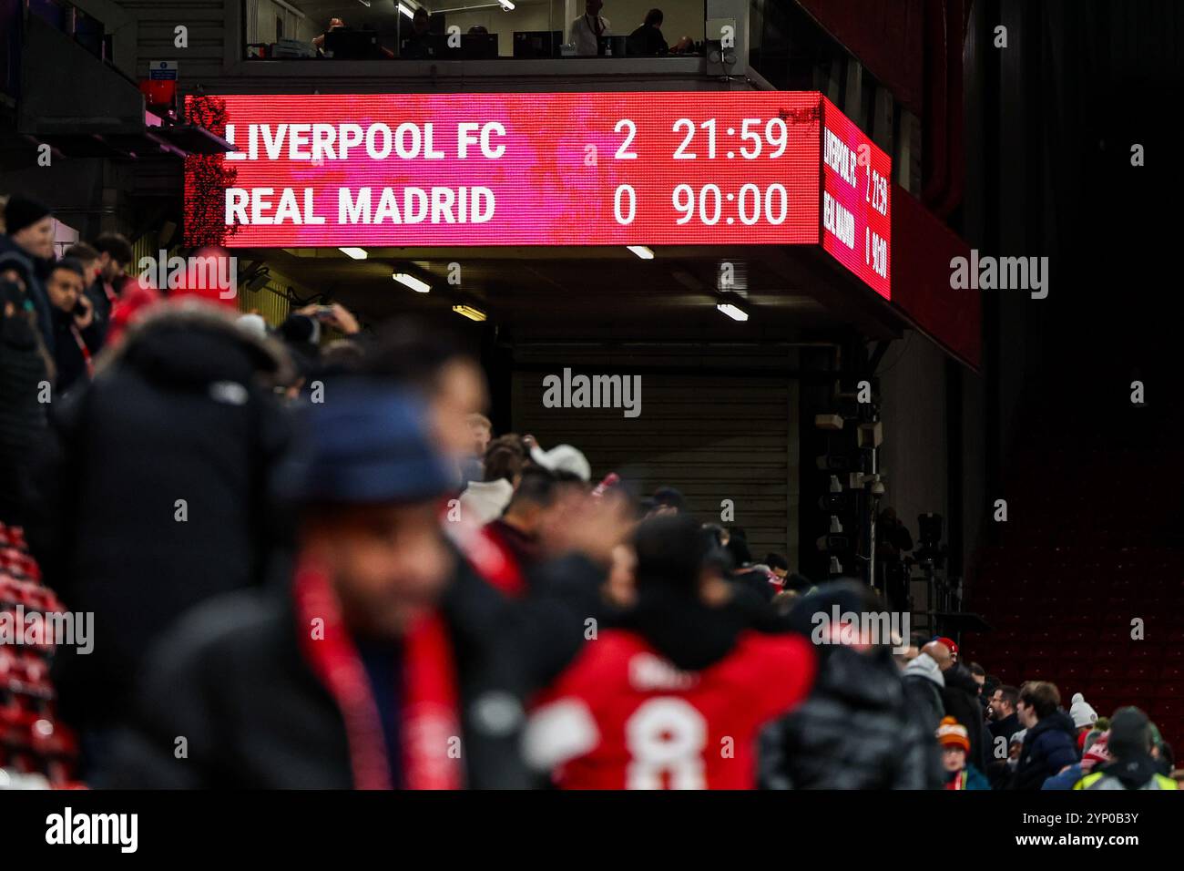 Endstand nach der UEFA Champions League, League Phase MD5 Liverpool gegen Real Madrid in Anfield, Liverpool, Großbritannien, 27. November 2024 (Foto: Mark Cosgrove/News Images) Stockfoto