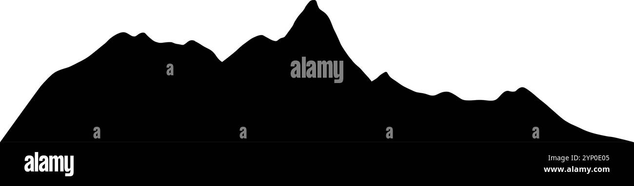 Silhouette des Gebirgszuges Vektorillustration. Zeichnen von Hügeln in Schwarz-weiß-Tinte für Reise- und Kartografie-Design. Ätzen von gemalten Steinen. Ätzung der Relieflandschaft mit Peak. Stock Vektor