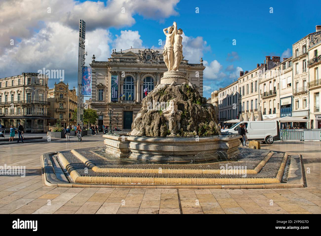 Fontaine des Trois Graces am Place de la Comedie in Montpellier, Frankreich Stockfoto