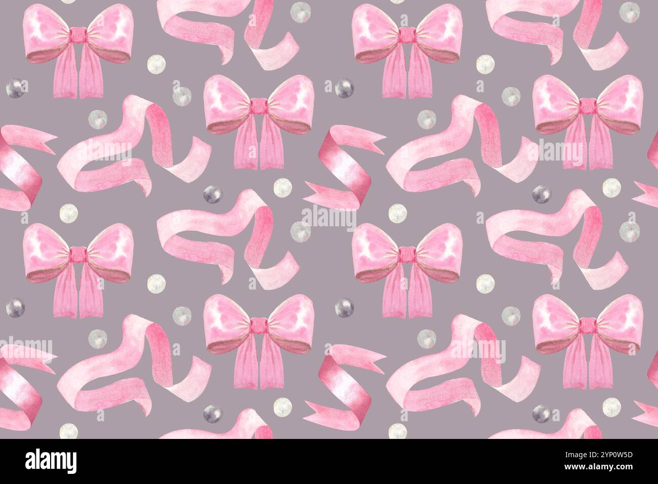 Perlen und Satinbänder nahtloses rosafarbenes Aquarellmuster auf taupefarbenem Hintergrund. Handgezeichnete Designelemente, perfekt zum Einpacken von Papier und Textilien Stockfoto