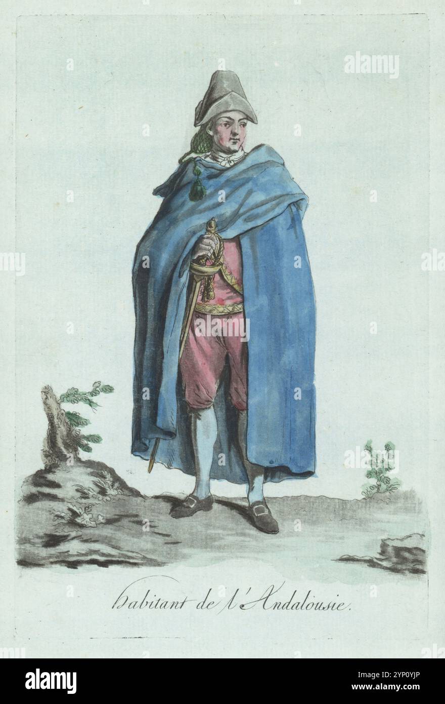 Mann aus Andalusien, Spanien. Haare im Pferdeschwanz in einem Haarnetz unter einem Bicorne, großer Mantel mit Quasten, Mantel und Weste mit Gold umrandet, Reithose und Schlauch, Schnallenschuhe, bewaffnet mit einem Greifer. Habitant de l'Andalousie. Handkolorierter Kupferstich nach einer Illustration von Jacques Grasset de Saint-Sauveur aus Sylvain Marechals Kostümen civils actuels de tous les peuples connus, dessines d’Apres Nature, aktuelle Bürgerkostüme aller bekannten Völker, gezeichnet aus der Natur, Chez Pavard, Paris, 1788. Stockfoto