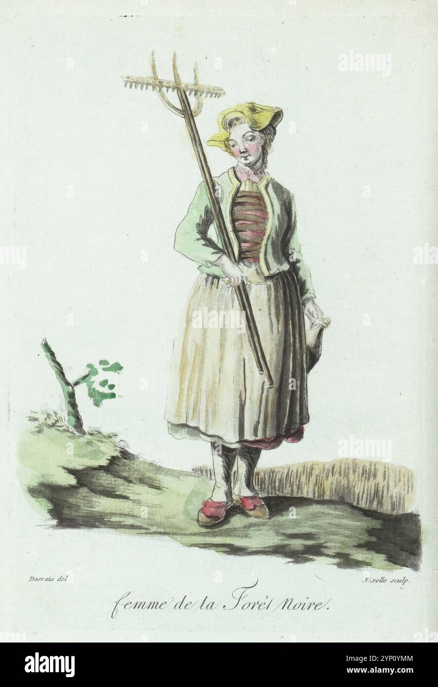 Frau des Schwarzwaldes, Schwarzwald, Deutschland. Landarbeiter mit Rechen, Hacke und Kanne, der neben dem Getreidefeld steht. In vier Ecken Hut, Jacke, Mieder, Röcke und Schürze, Schuhe mit roten Spitzen. Femme de la Foret Noire. Stich von Jean-Marie Mixelle nach einer Zeichnung von Claude-Louis Desrais. Handkolorierter Kupferstich nach einer Illustration von Jacques Grasset de Saint-Sauveur aus Sylvain Marechals Kostümen civils actuels de tous les peuples connus, dessines d’Apres Nature, aktuelle Bürgerkostüme aller bekannten Völker, gezeichnet aus der Natur, Chez Pavard, Paris, 1788. Stockfoto