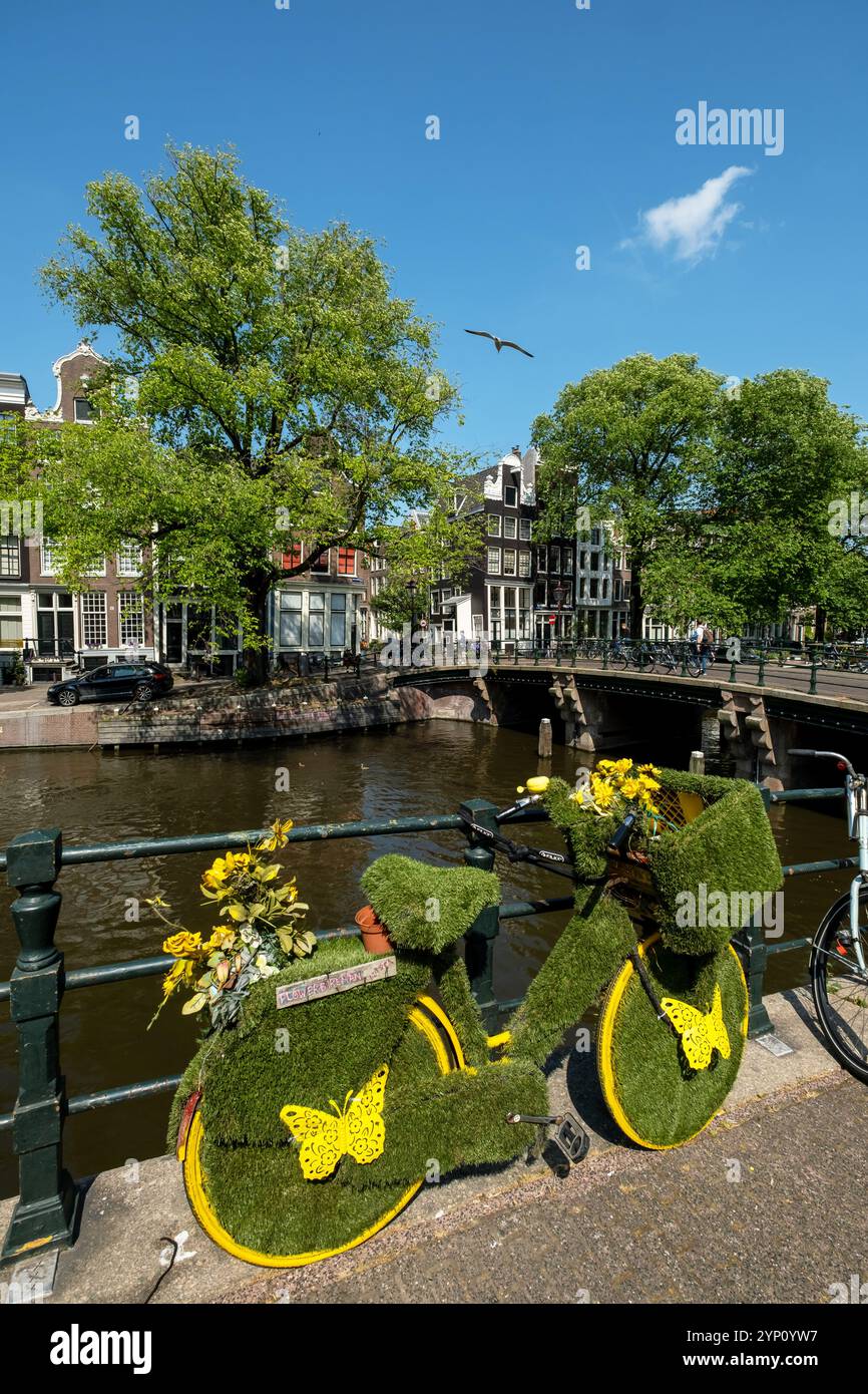 09.08.2024, Niederlande, Nordholland, Amsterdam - Fahrräder im Kanalgürtel, eines davor mit Kunstrasen und Plastikblumen dekoriert. 00A2 Stockfoto