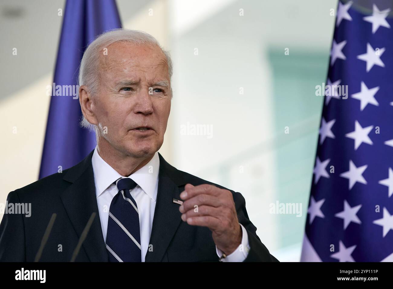 18.10.2024, Deutschland, Berlin, Berlin - der Präsident der Vereinigten Staaten von Amerika, Joseph Biden, auf der gemeinsamen Pressekonferenz mit dem Bundesminister der Vereinigten Staaten von Amerika Stockfoto